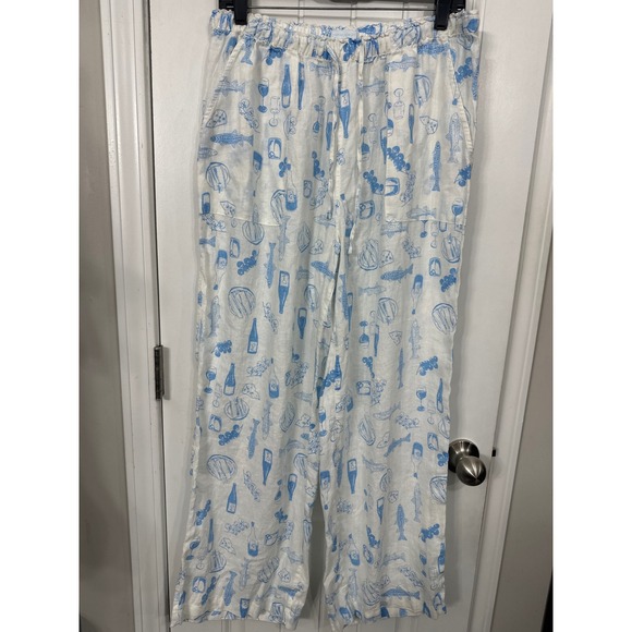Cynthia Rowley Pants - Cynthia Rowley 100% Linen Wide Leg Pants Blue White Wine Fish Print Womens L